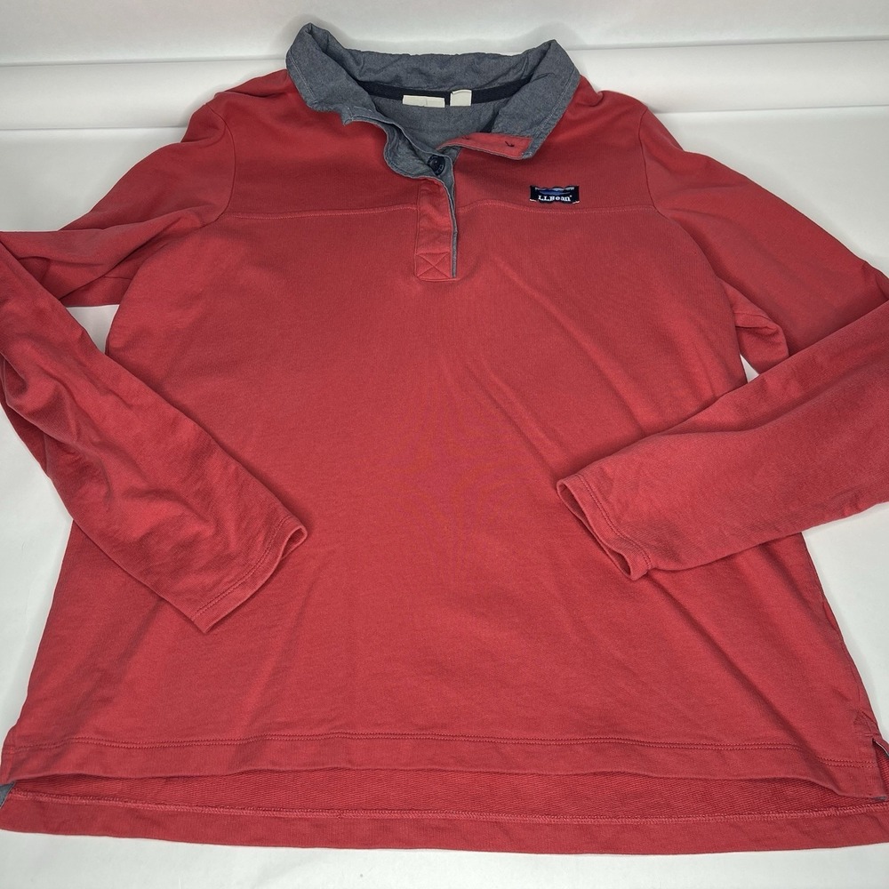 L.L. Bean Women's Large Cotton Rugby Pullover Henley Long Sleeve Shirt Coral